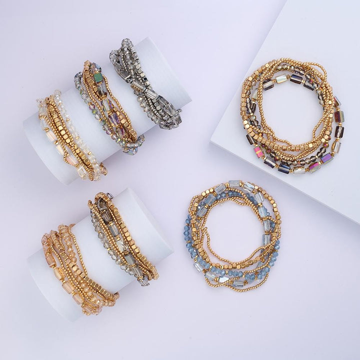Set Of Six Beaded Stretch Bracelets Featuring Gold Tones, Faceted Beads, & Glass Crystal Beads