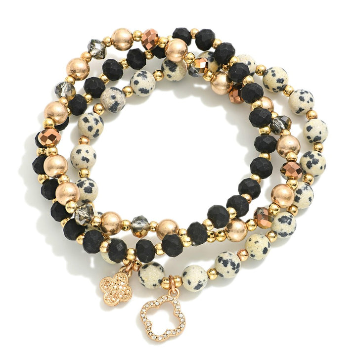 Stone, Faceted Beads, & Clover Charm Beaded Bracelet Sets