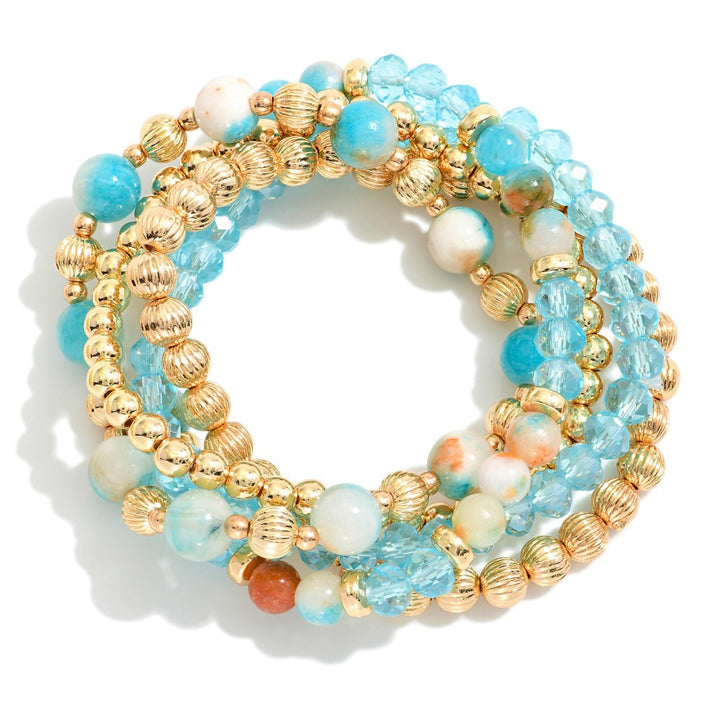 Set Of Five Beaded Stretch Bracelets Featuring Metal Tones, Glass Beads, & Faceted Beads