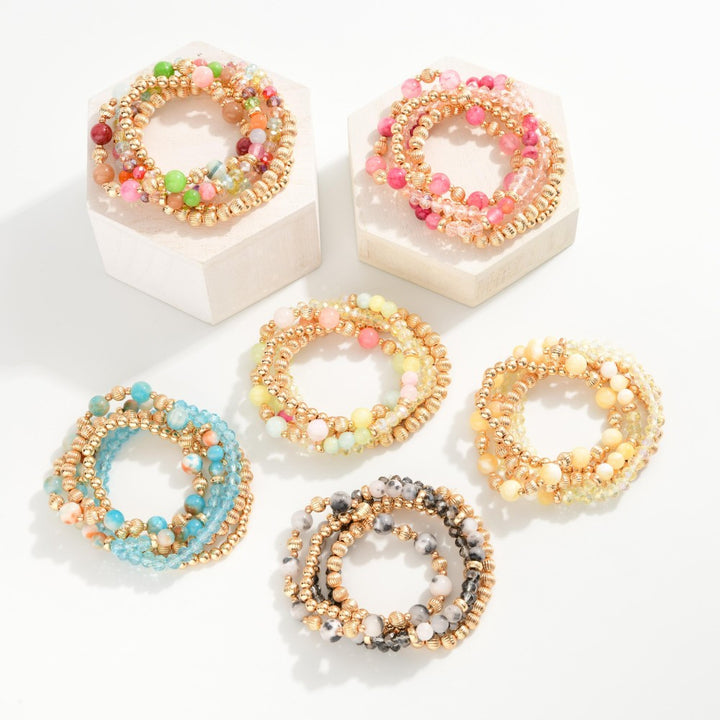Set Of Five Beaded Stretch Bracelets Featuring Metal Tones, Glass Beads, & Faceted Beads