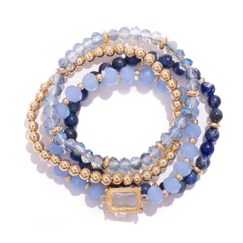 Set Of Four Beaded Stretch Bracelets Featuring Metal Tones, Stone & Faceted Beads