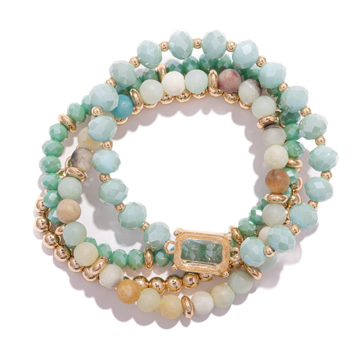 Set Of Four Beaded Stretch Bracelets Featuring Metal Tones, Stone & Faceted Beads