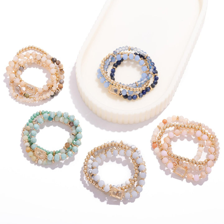 Set Of Four Beaded Stretch Bracelets Featuring Metal Tones, Stone & Faceted Beads