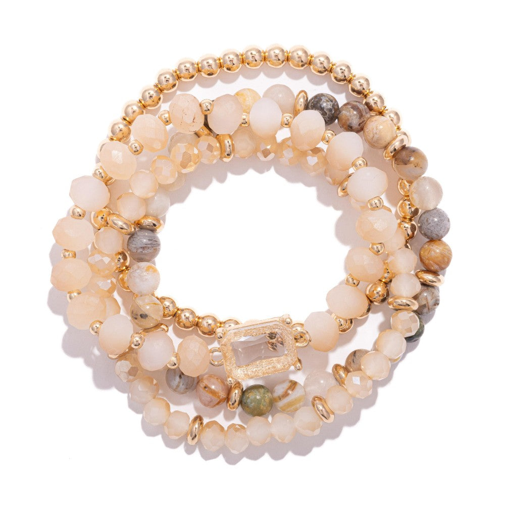 Set Of Four Beaded Stretch Bracelets Featuring Metal Tones, Stone & Faceted Beads