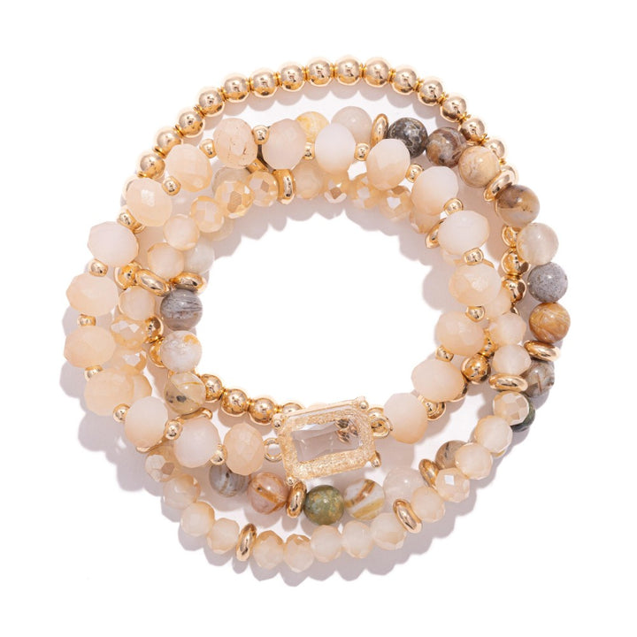 Set Of Four Beaded Stretch Bracelets Featuring Metal Tones, Stone & Faceted Beads