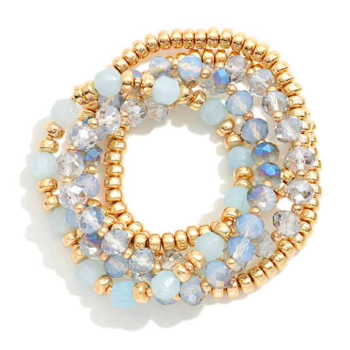 Set Of Five Beaded Stretch Bracelets Featuring Metal Tones & Glass Crystal