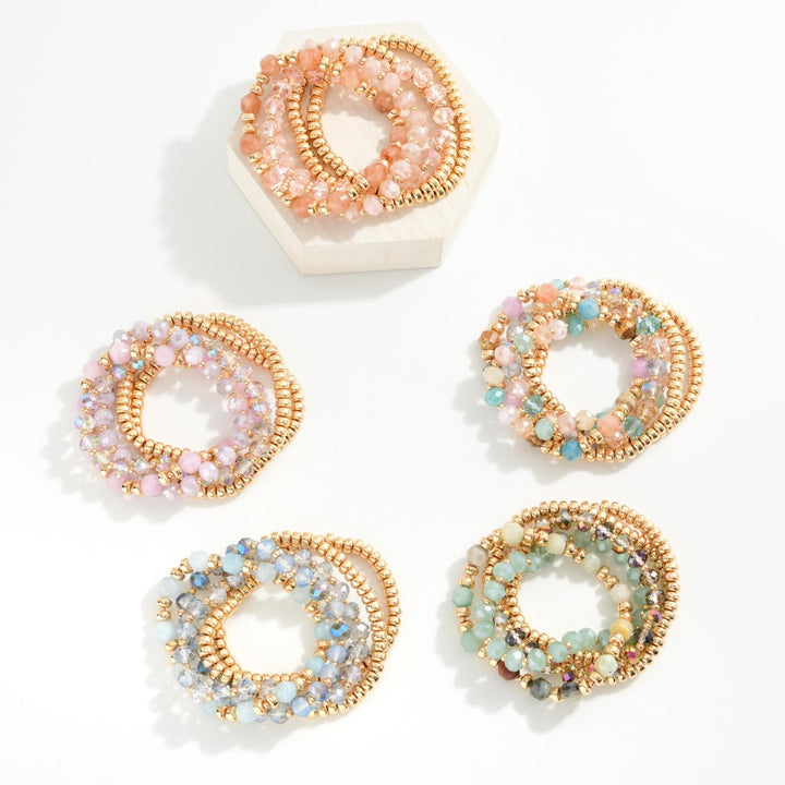 Set Of Five Beaded Stretch Bracelets Featuring Metal Tones & Glass Crystal