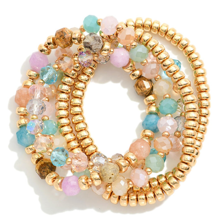 Set Of Five Beaded Stretch Bracelets Featuring Metal Tones & Glass Crystal