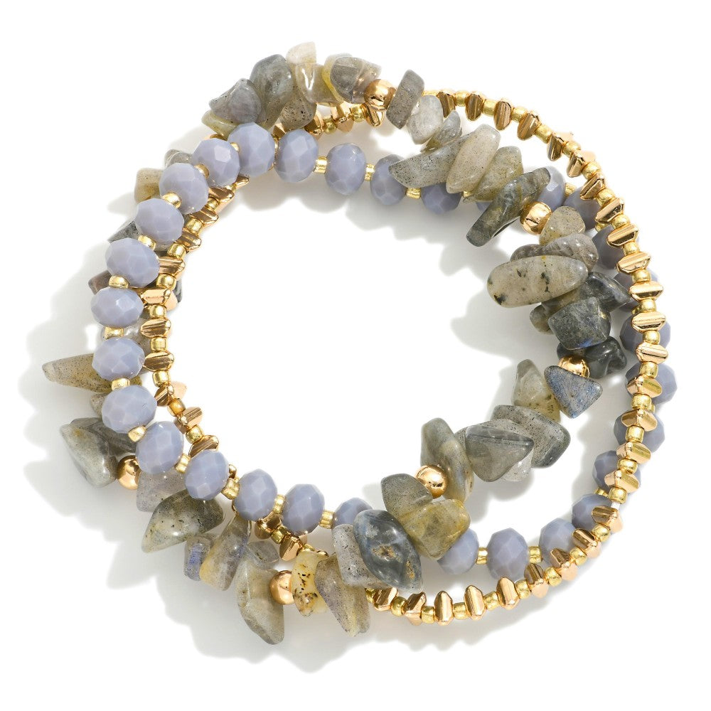 Set Of Three Beaded Stretch Bracelets Featuring Metal Tones, Faceted Beads, & Stones