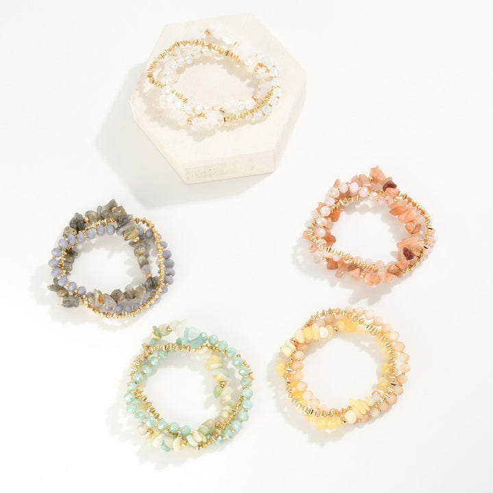 Set Of Three Beaded Stretch Bracelets Featuring Metal Tones, Faceted Beads, & Stones