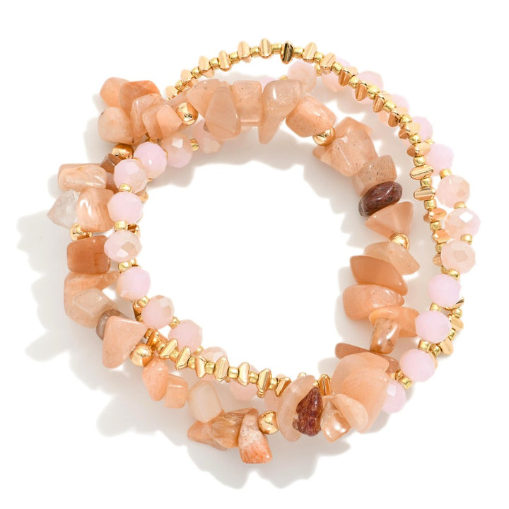 Set Of Three Beaded Stretch Bracelets Featuring Metal Tones, Faceted Beads, & Stones