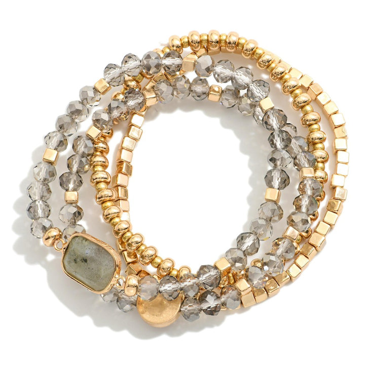 Set Of Four Beaded Stretch Bracelets Featuring Metal Tones, Stone & Faceted Beads