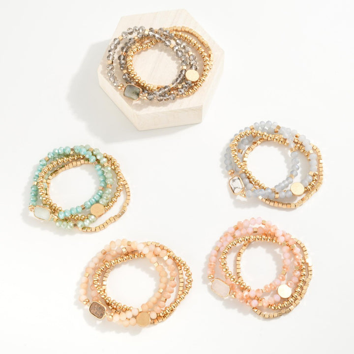 Set Of Four Beaded Stretch Bracelets Featuring Metal Tones, Stone & Faceted Beads