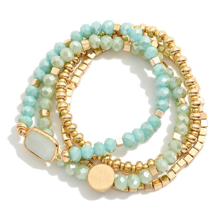 Set Of Four Beaded Stretch Bracelets Featuring Metal Tones, Stone & Faceted Beads
