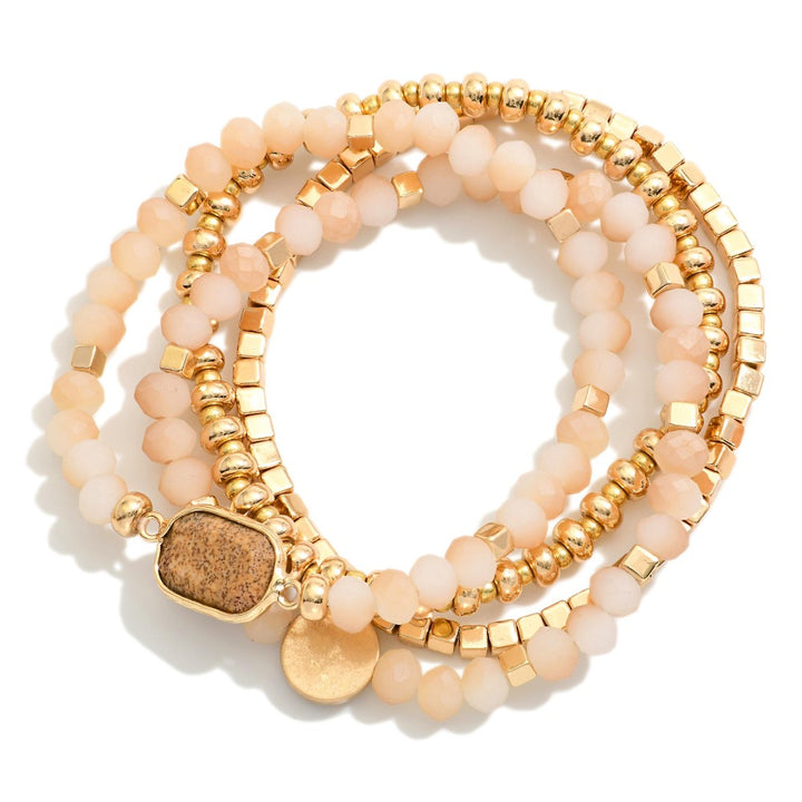 Set Of Four Beaded Stretch Bracelets Featuring Metal Tones, Stone & Faceted Beads
