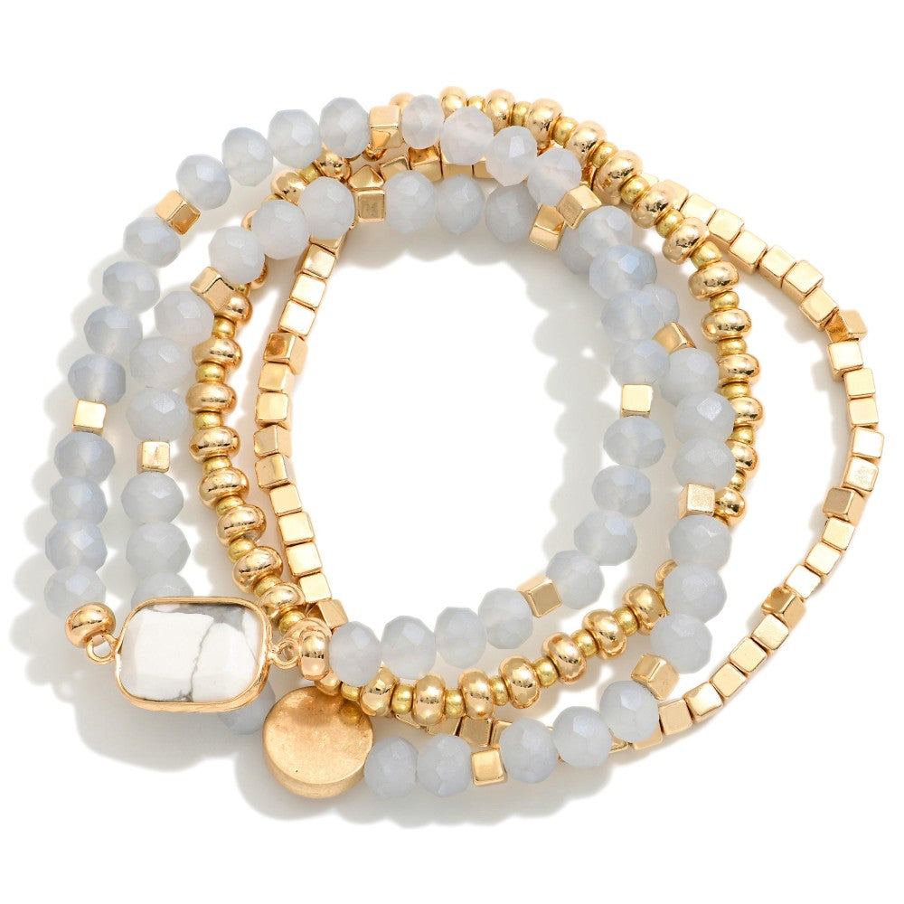 Set Of Four Beaded Stretch Bracelets Featuring Metal Tones, Stone & Faceted Beads
