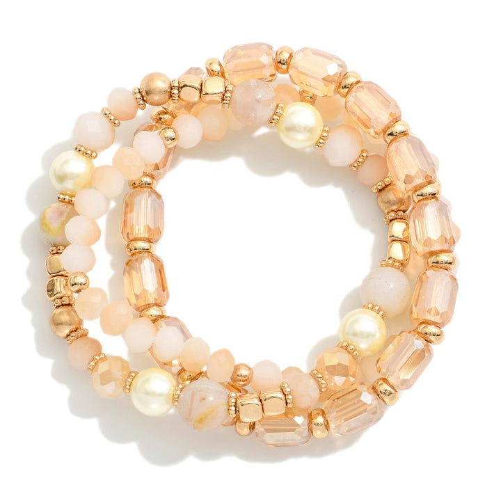 Set Of Three Beaded Stretch Bracelets Featuring Metal Tones, Pearls, & Iridescent Beads
