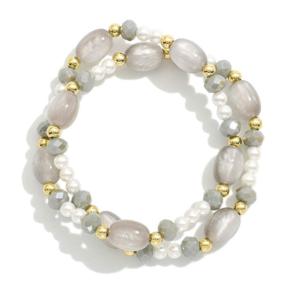 Set Of Two Beaded Stretch Bracelet Featuring Metal Tone Beads, Pearls, Faceted Beads, & Glass Beads