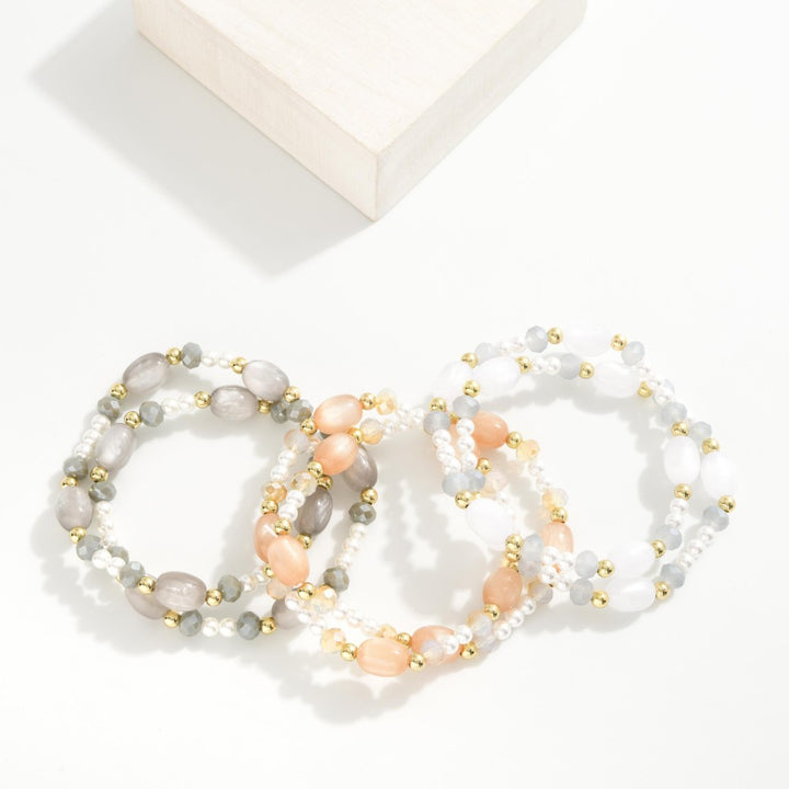 Set Of Two Beaded Stretch Bracelet Featuring Metal Tone Beads, Pearls, Faceted Beads, & Glass Beads