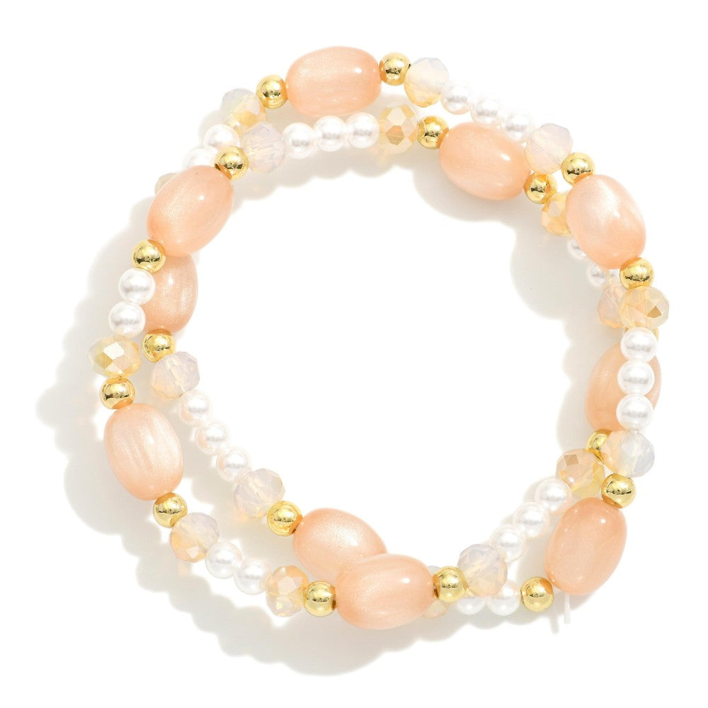 Set Of Two Beaded Stretch Bracelet Featuring Metal Tone Beads, Pearls, Faceted Beads, & Glass Beads