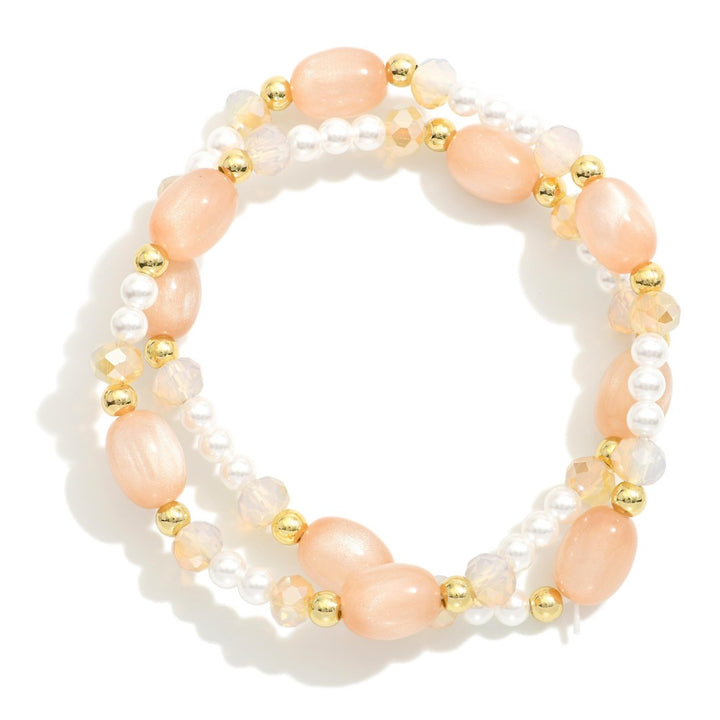 Set Of Two Beaded Stretch Bracelet Featuring Metal Tone Beads, Pearls, Faceted Beads, & Glass Beads