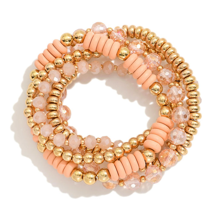 Set Of Five Beaded Stretch Bracelets Featuring Metal Tones, Faceted Beads, Wood Disk Beads