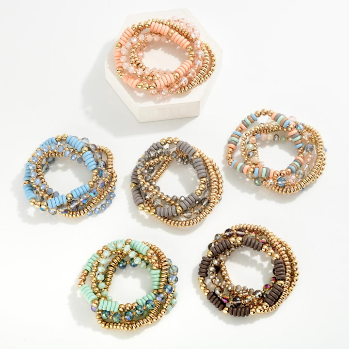 Set Of Five Beaded Stretch Bracelets Featuring Metal Tones, Faceted Beads, Wood Disk Beads