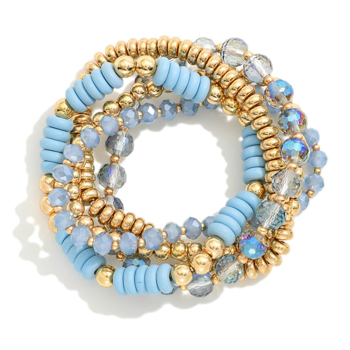 Set Of Five Beaded Stretch Bracelets Featuring Metal Tones, Faceted Beads, Wood Disk Beads