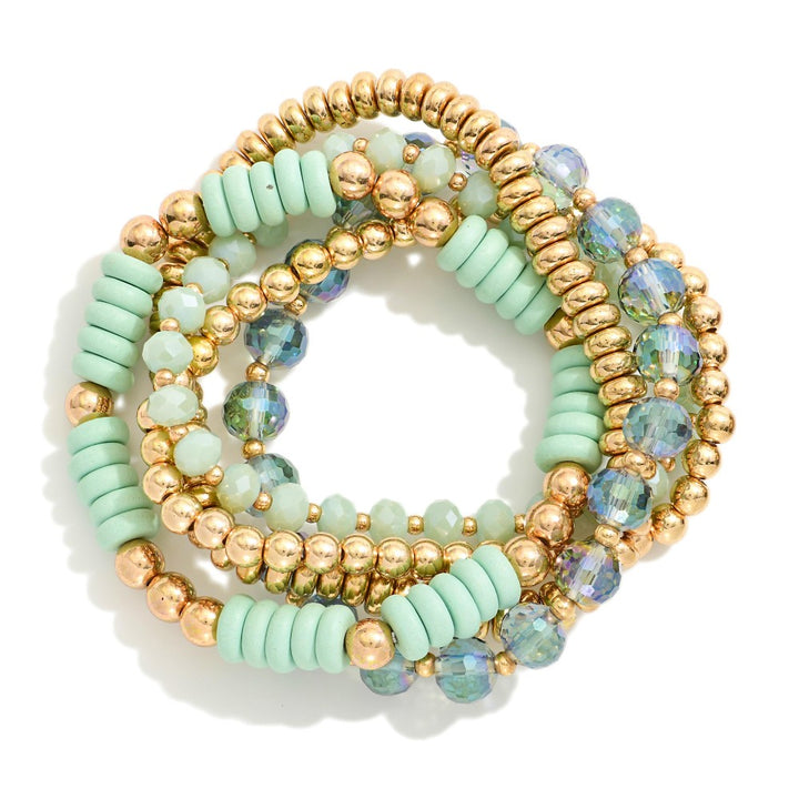 Set Of Five Beaded Stretch Bracelets Featuring Metal Tones, Faceted Beads, Wood Disk Beads