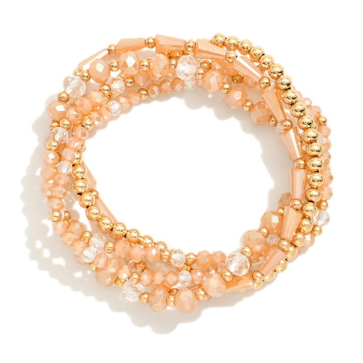 Set Of Five Beaded Stretch Bracelets Featuring Metal Tones & Faceted Beads