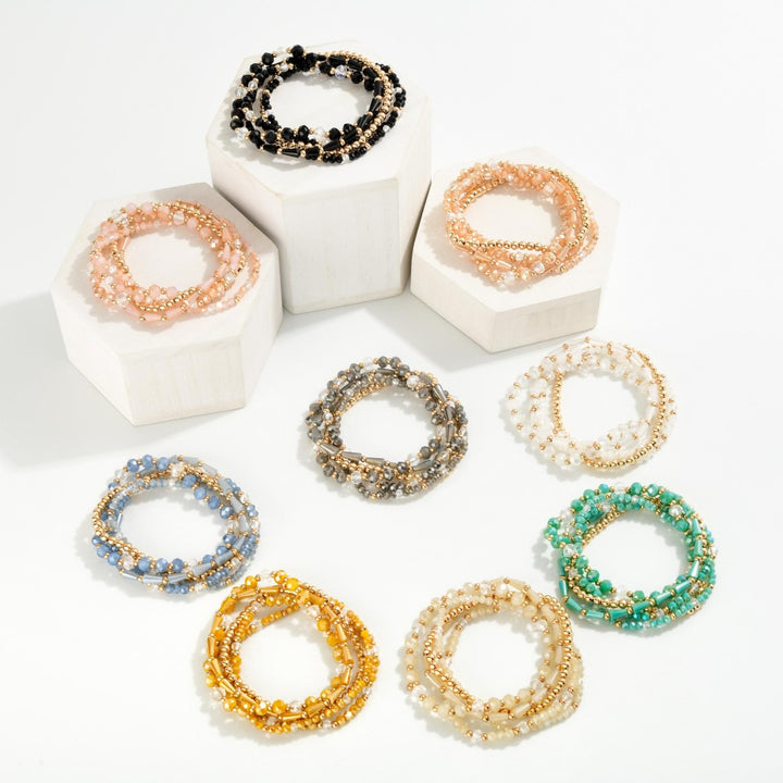 Set Of Five Beaded Stretch Bracelets Featuring Metal Tones & Faceted Beads