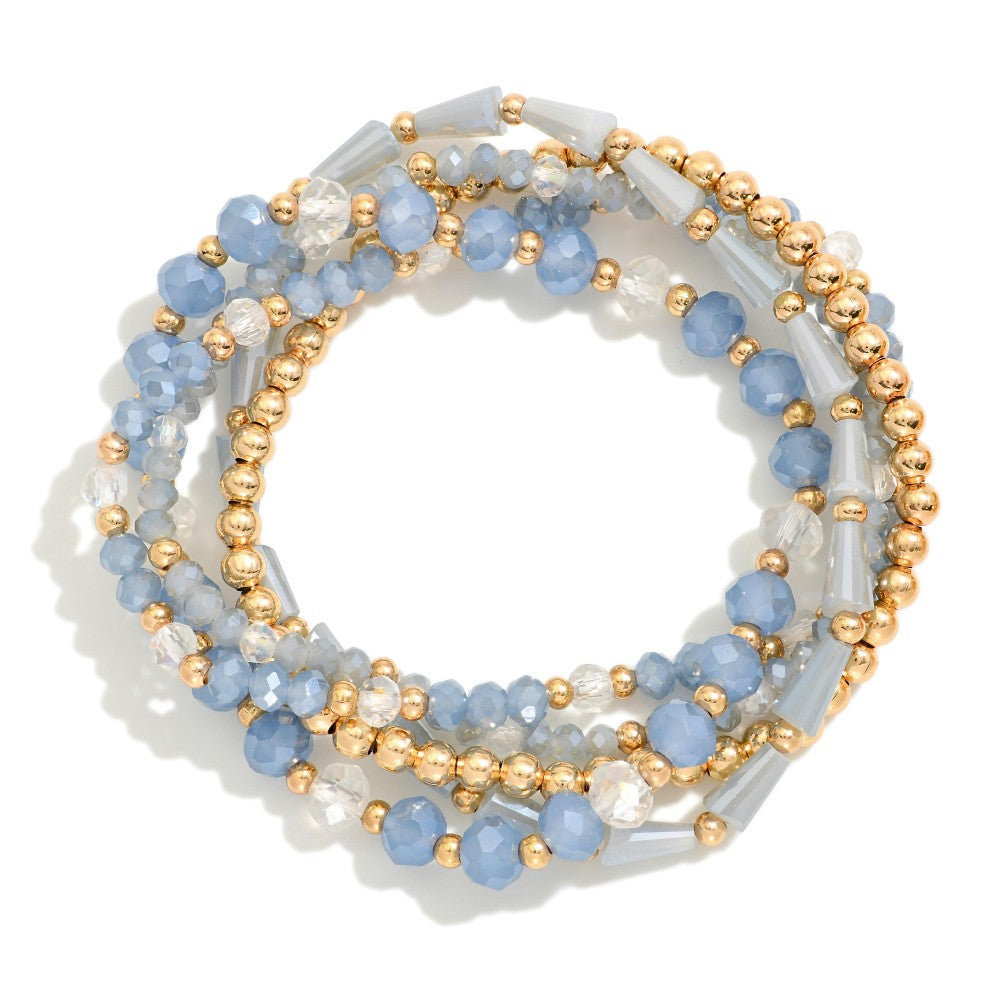 Set Of Five Beaded Stretch Bracelets Featuring Metal Tones & Faceted Beads