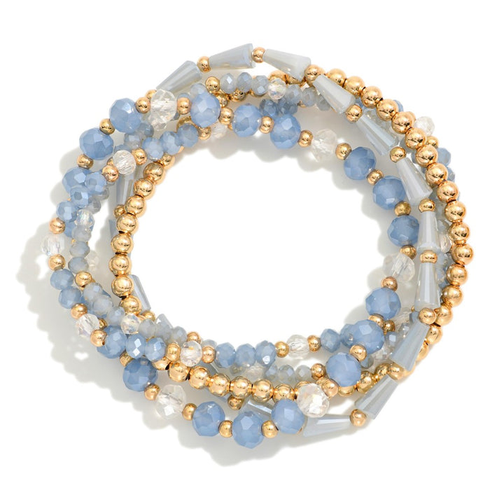 Set Of Five Beaded Stretch Bracelets Featuring Metal Tones & Faceted Beads