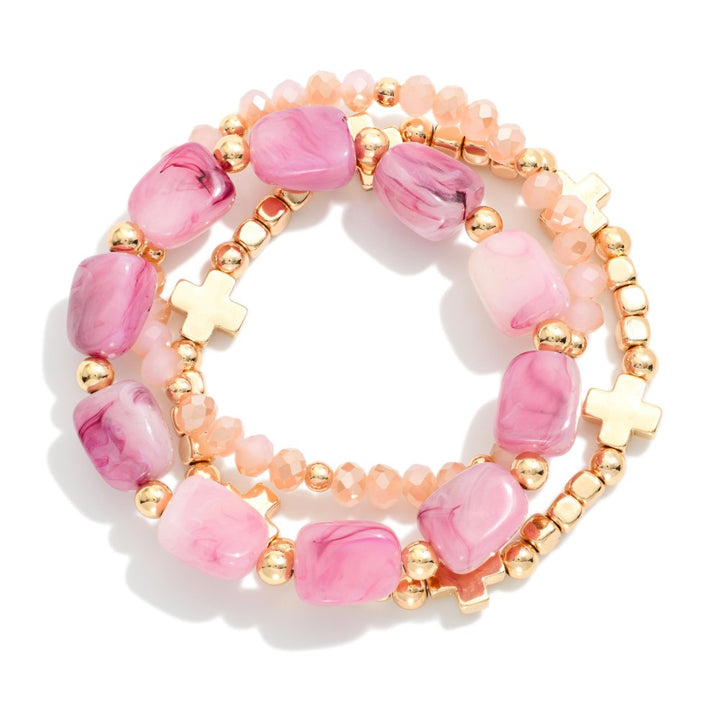Set Of Three Beaded Stretch Bracelet Featuring Gold Tones, Stone, &amp; Faceted Beads