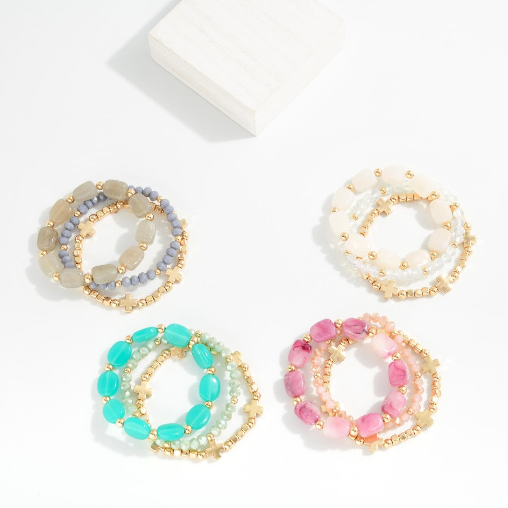 Set Of Three Beaded Stretch Bracelet Featuring Gold Tones, Stone, &amp; Faceted Beads