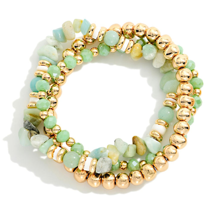 Set Of Three Beaded Stretch Bracelets Featuring Metal Tones, Faceted Beads, &amp; Stone