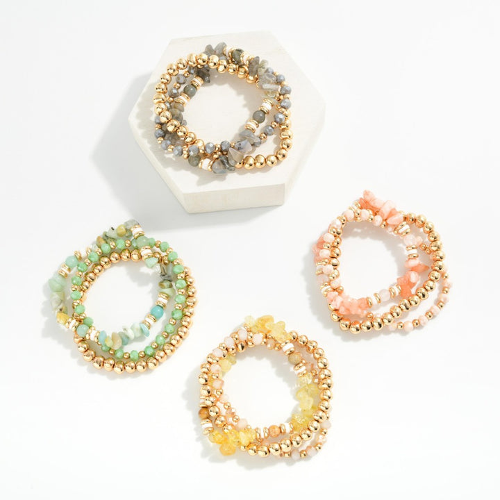 Set Of Three Beaded Stretch Bracelets Featuring Metal Tones, Faceted Beads, &amp; Stone