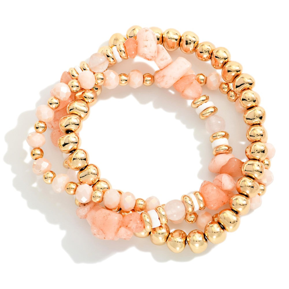 Set Of Three Beaded Stretch Bracelets Featuring Metal Tones, Faceted Beads, &amp; Stone