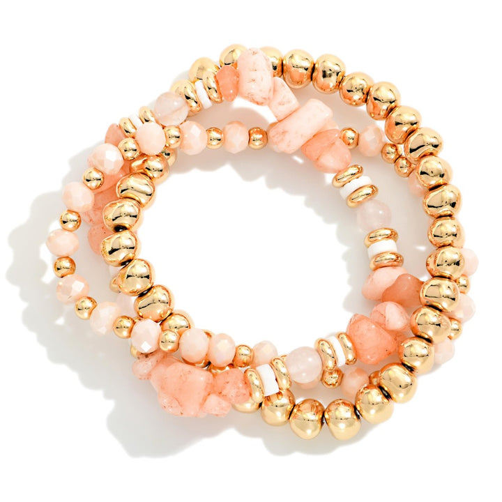Set Of Three Beaded Stretch Bracelets Featuring Metal Tones, Faceted Beads, &amp; Stone
