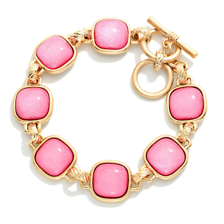 Metal Tone Bracelet Featuring Glitter Resin Squared Stations With Toggle Clasp