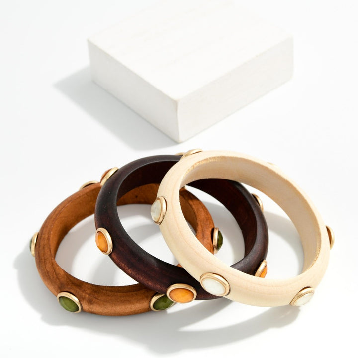 Wood Bangle Bracelets With Oval Acetate Details
