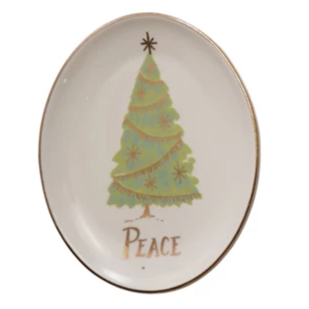Gold Electroplating Christmas Tree Oval Stoneware Dish