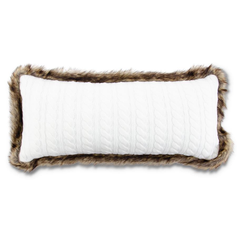 White Cable Knit Lumbar Pillow with Faux Fur Trim
