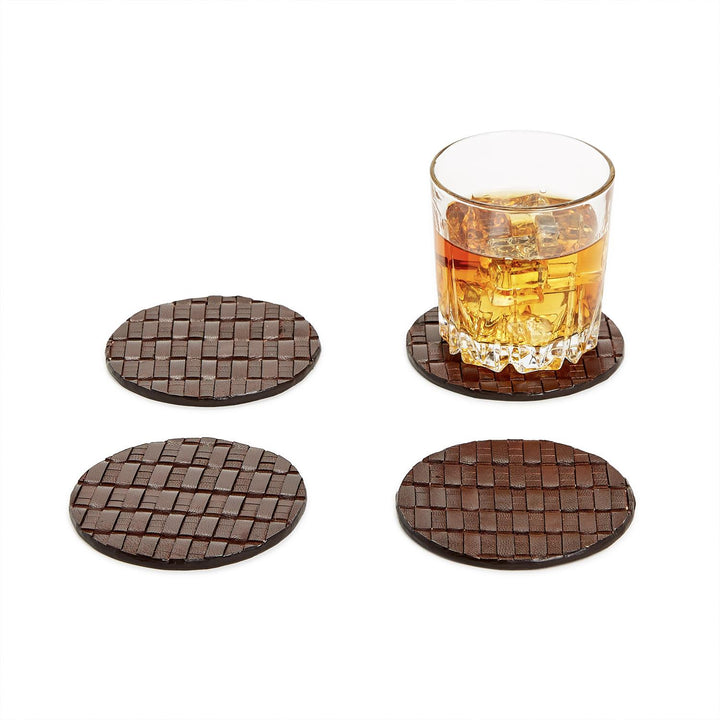 Chestnut Woven Leather Coaster Set/4