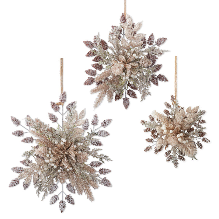 Pine Foliage Glittered Snowflake Ornaments