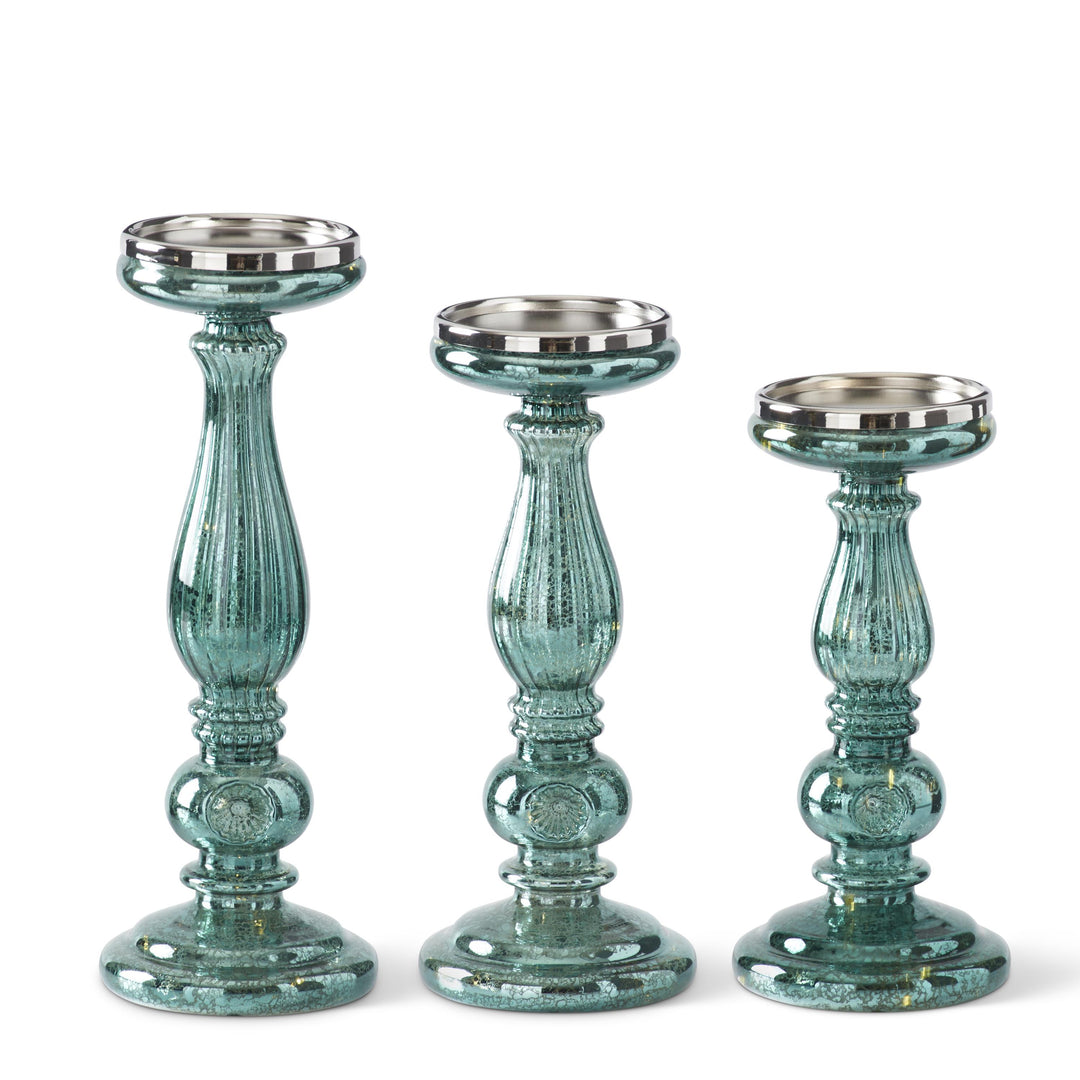Teal Green Mercury Glass LED Pillar Candleholders