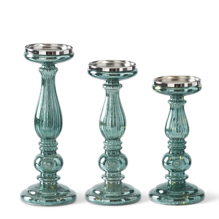 Teal Green Mercury Glass LED Pillar Candleholders