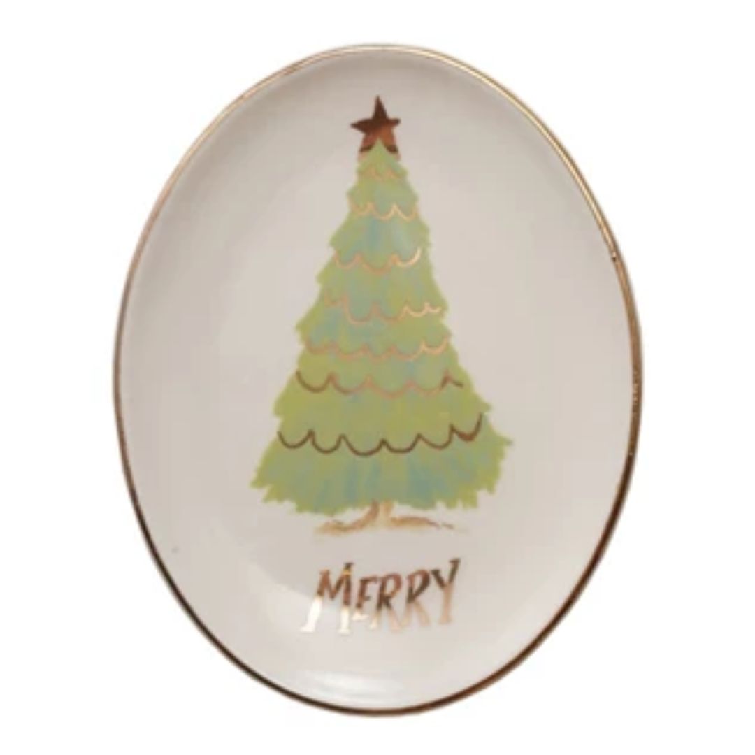 Gold Electroplating Christmas Tree Oval Stoneware Dish