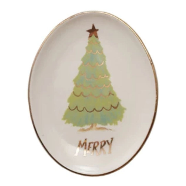 Gold Electroplating Christmas Tree Oval Stoneware Dish