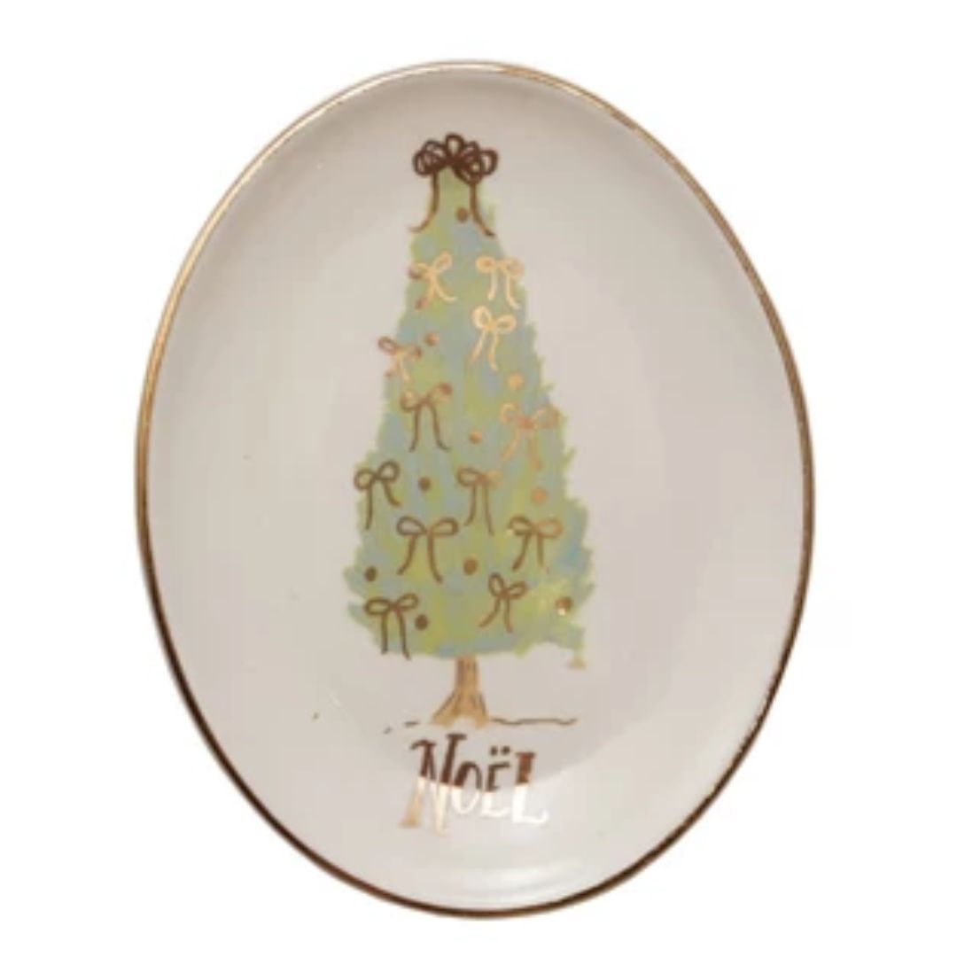 Gold Electroplating Christmas Tree Oval Stoneware Dish